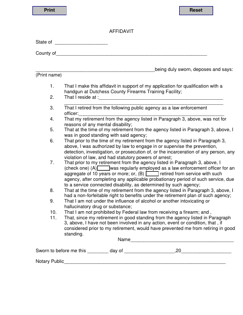Firearms Training Qualification Affidavit, Dutchess County form, first page