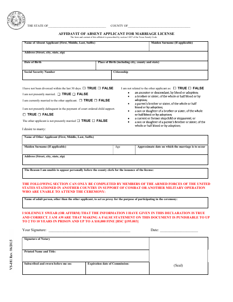 Affidavit of Absent Applicant for Marriage License, Karnes County form, first page