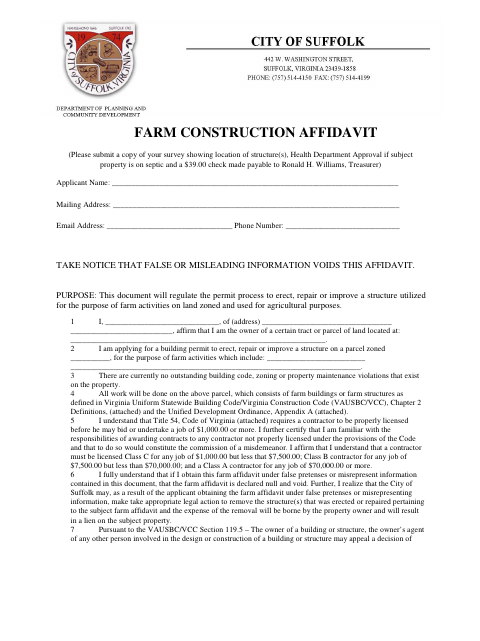 Farm Construction Affidavit, City of Suffolk form, first page