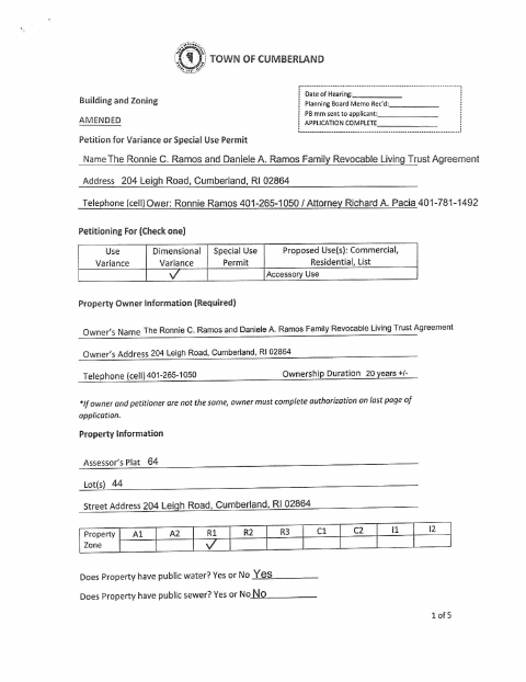 First page of the Amended Application for Variance or Special Use Permit