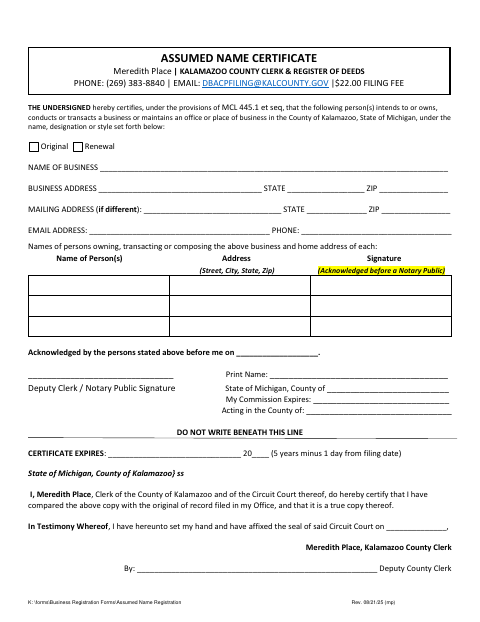 Assumed Name Certificate, Kalamazoo County form, first page