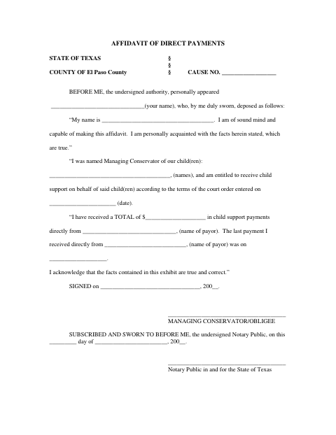 Affidavit of Direct Payments, El Paso County form, first page