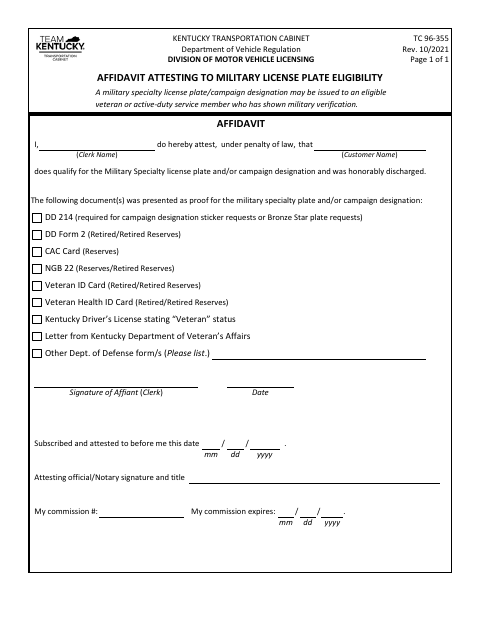 TC 96-355 Affidavit Attesting to Military License Plate Eligibility first page