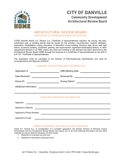 Architectural Review Board Certificate of Appropriateness Application, City of Danville form, first page