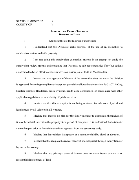 Affidavit of Family Transfer Division of Land, Mineral County form, first page