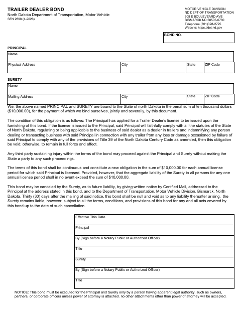 SFN 2898 Trailer Dealer Bond first page