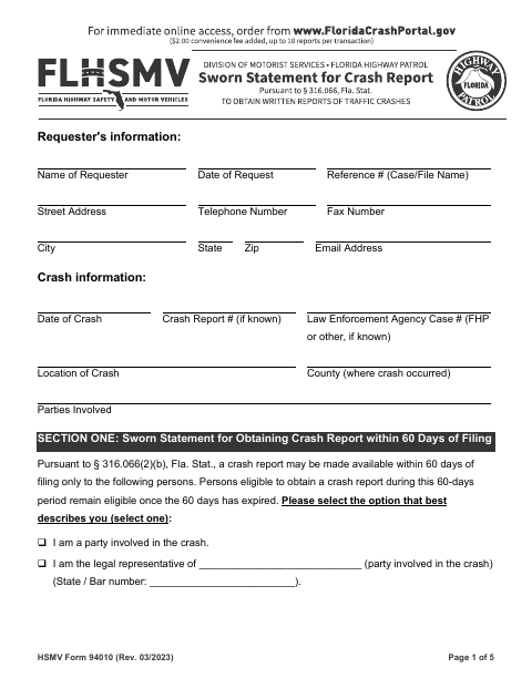 HSMV Form 94010 Crash Report Request first page