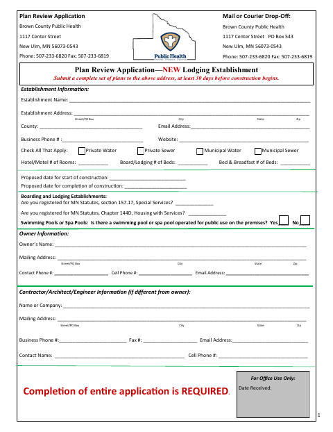 First page of the New Construction Plan Review Application – Lodging Establishments