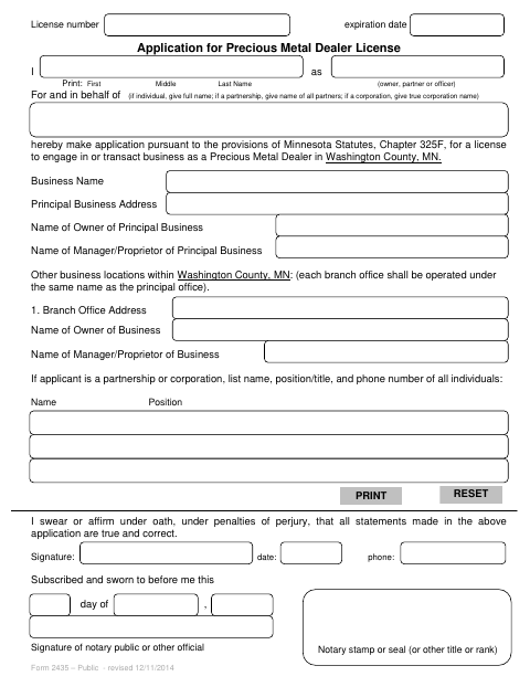 Application for Precious Metal Dealer License, Washington County form, first page