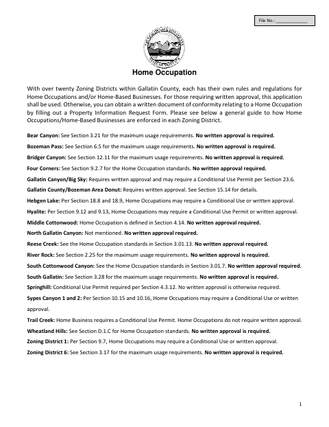 First page of the Home Occupation Application