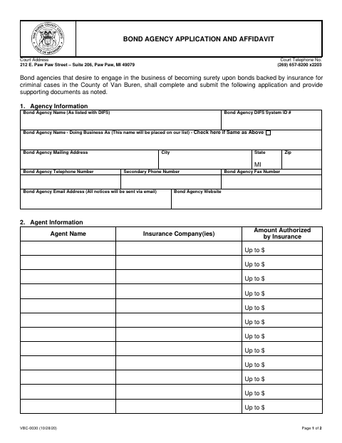 Bond Agency Application and Affidavit, Van Buren County form, first page