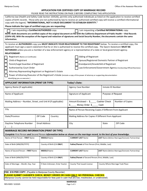 Application for Certified Copy of a Marriage Record, Mariposa County form, first page
