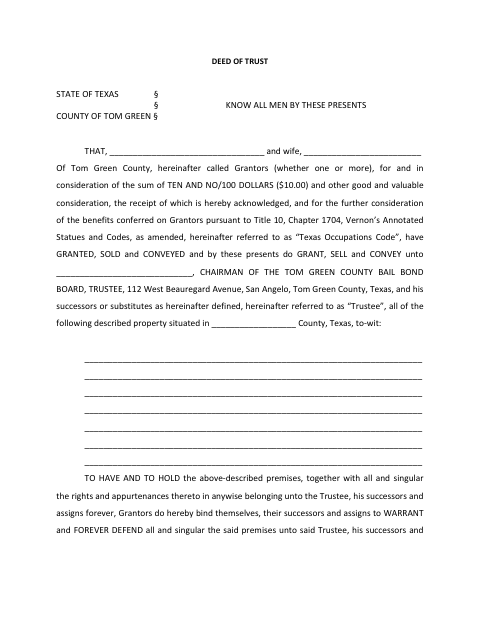 Deed of Trust, Tom Green County form, first page