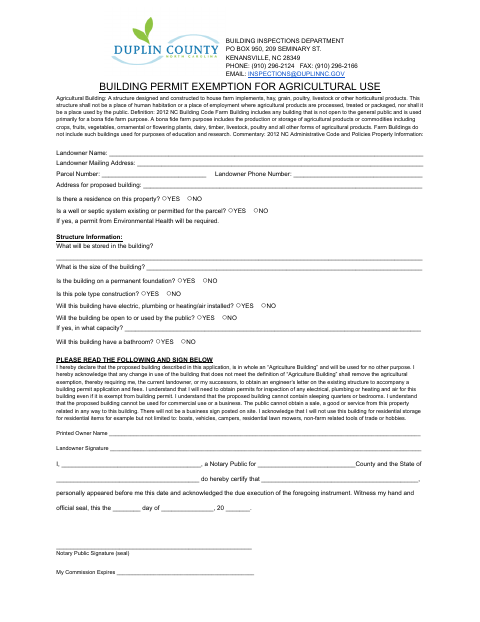 Building Permit Exemption for Agricultural Use, Duplin County form, first page