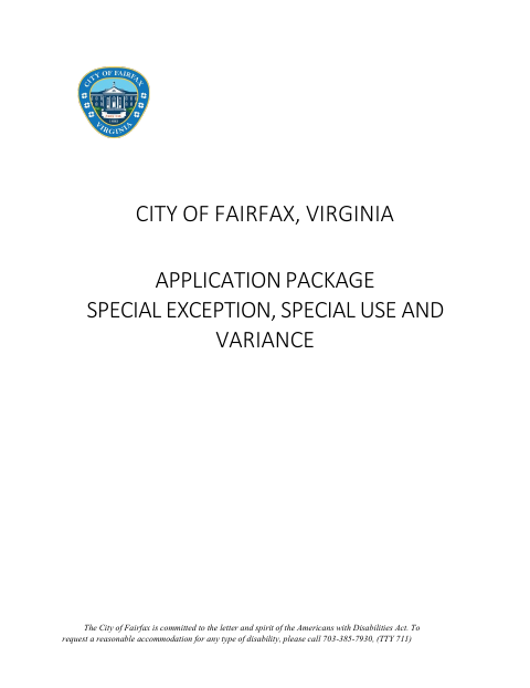 Special Exception, Special Use, and Variance Application Package, City of Fairfax form, first page
