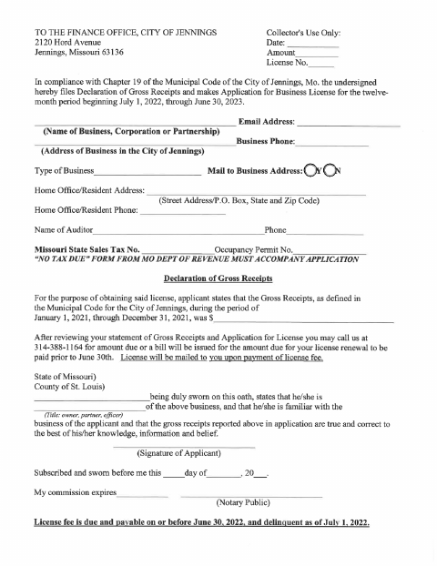 First page of the Merchant License and Gross Receipts Declaration
