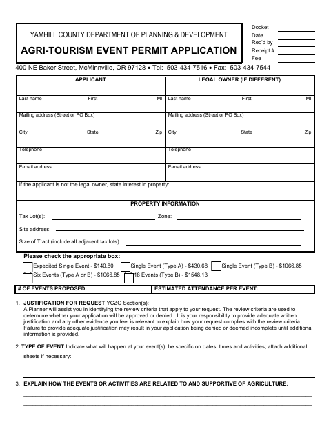 Agri-Tourism Event Permit Application, Yamhill County form, first page