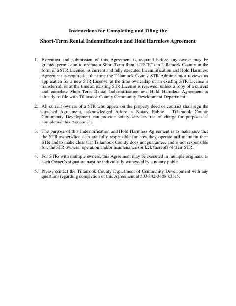 Short-Term Rental Indemnification and Hold Harmless Agreement, Tillamook County form, first page