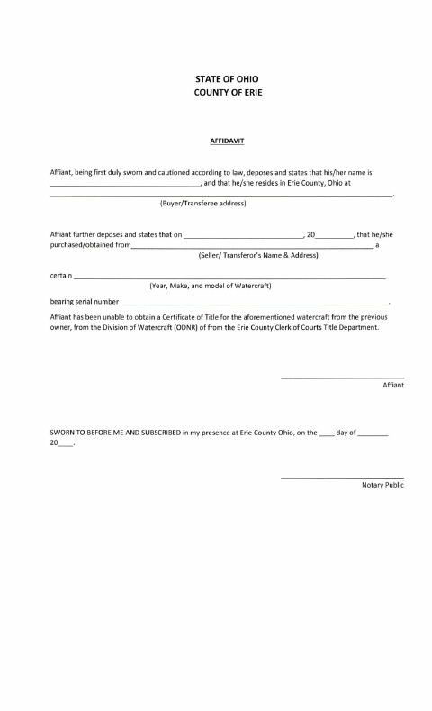 Watercraft Certificate of Title Affidavit, Erie County form, first page