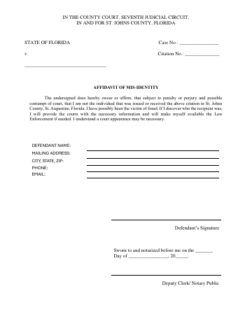 Affidavit of Mis-Identity — St. Johns County form, first page