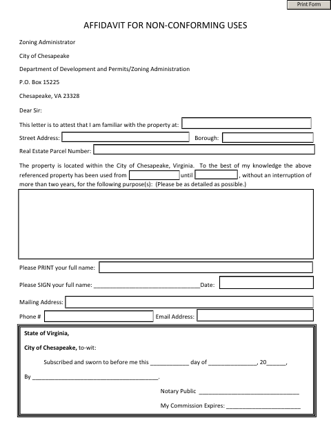 Affidavit for Non-Conforming Uses, City of Chesapeake form, first page
