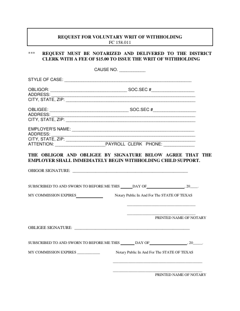 Request for Voluntary Writ of Withholding, Hays County form, first page
