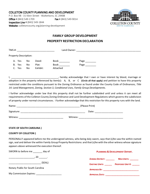 Family Group Development Property Restriction Declaration, Colleton County form, first page