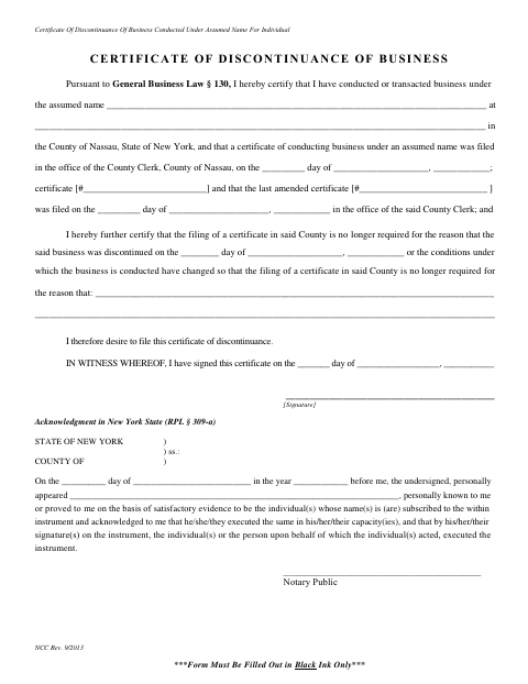 Certificate Of Discontinuance Of Business Conducted Under Assumed Name For Individual, Nassau County form, first page