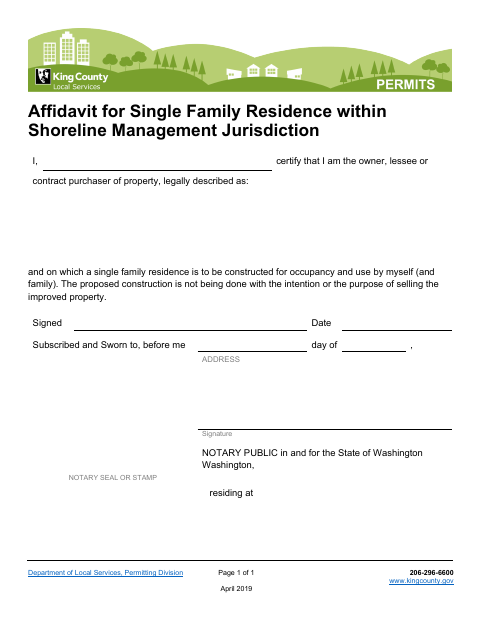 Single-Family Residence Shoreline Affidavit, King County form, first page