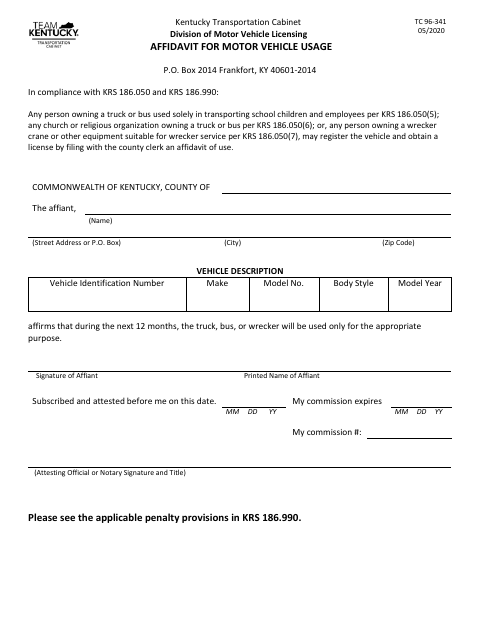 TC 96-341 Affidavit for Motor Vehicle Usage first page