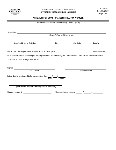 TC 96-343 Affidavit for Boat Hull Identification Number first page