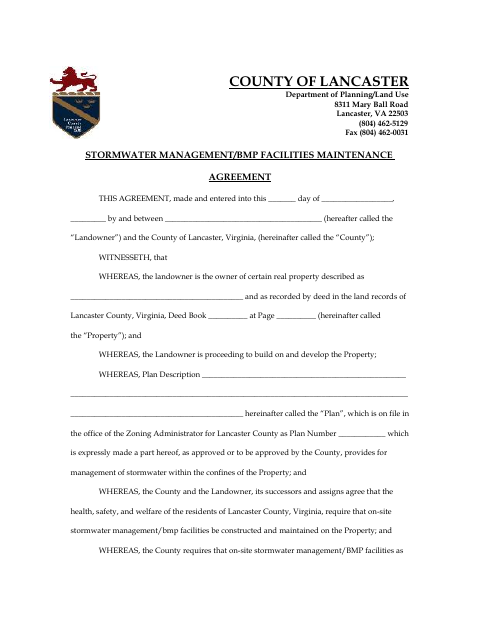 Stormwater Management/BMP Facilities Maintenance Agreement, Lancaster County form, first page