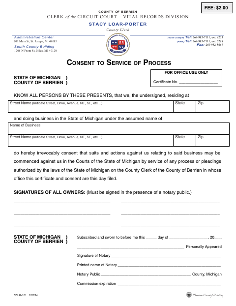 Consent to Service of Process, Berrien County form, first page
