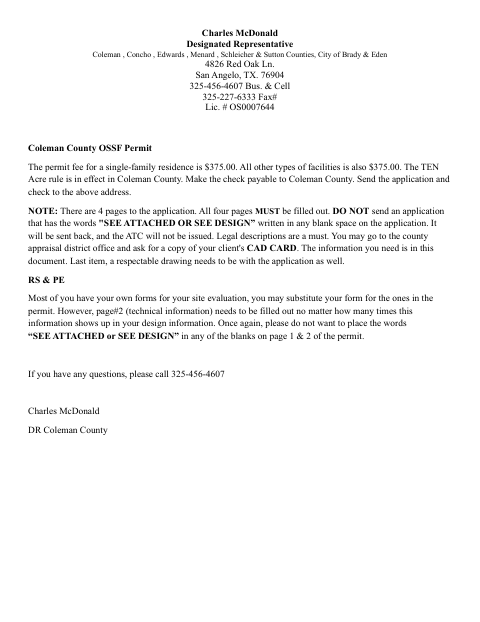 First page of the Coleman County OSSF Permit Application