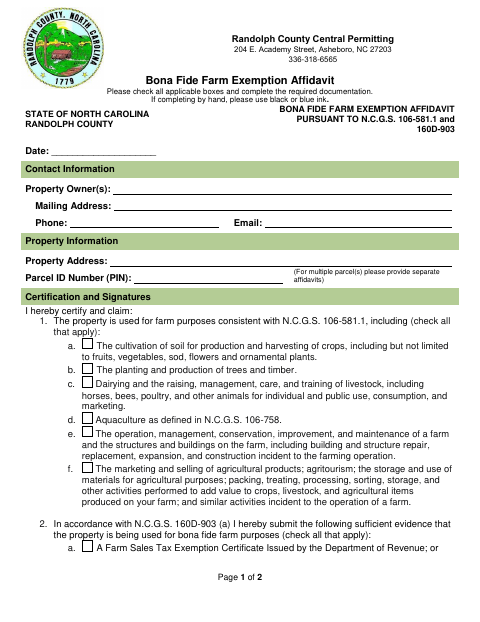 Bona Fide Farm Exemption Affidavit, Randolph County form, first page