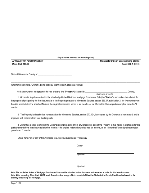 Affidavit of Postponement, Anoka County form, first page