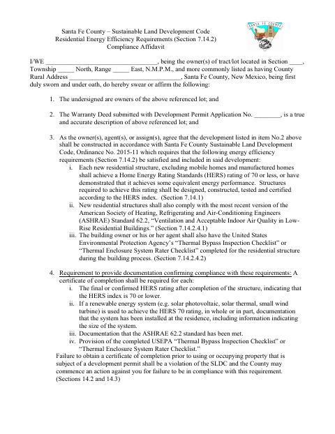 Residential Energy Efficiency Requirements Compliance Affidavit, Santa Fe County form, first page