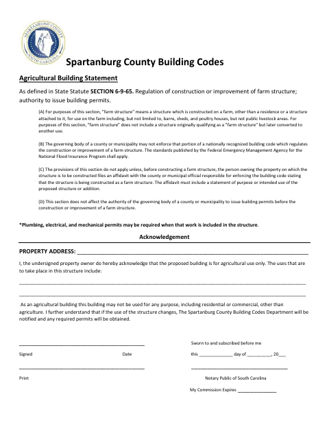 Agricultural Building Statement, Spartanburg County form, first page