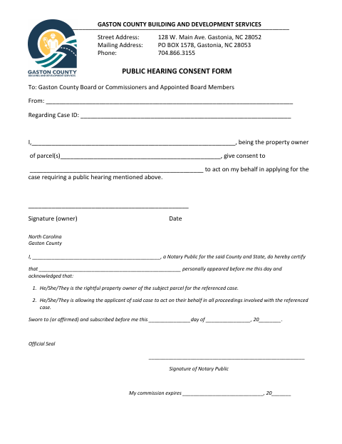 Public Hearing Consent Form, Gaston County form, first page