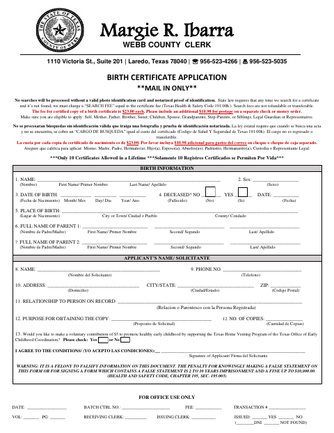 Birth Certificate Application - Mail In, Webb County form, first page