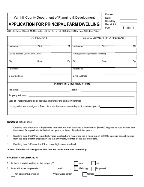 Principal Farm Dwelling Application, Yamhill County form, first page