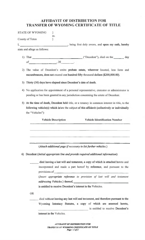 Affidavit of Distribution for Transfer of Wyoming Certificate of Title, Teton County form, first page