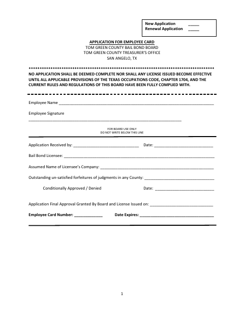 Application for Employee Card, Tom Green County form, first page