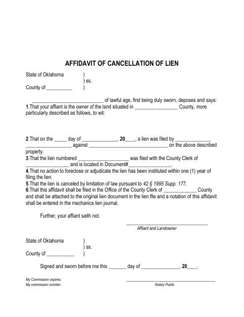 Affidavit of Cancellation of Lien, Rogers County form, first page