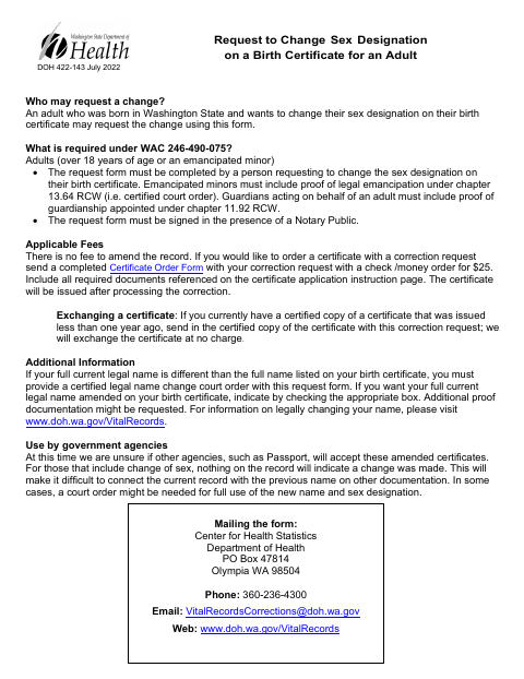 DOH 422-143 Request to Change Sex Designation on a Birth Certificate for an Adult first page
