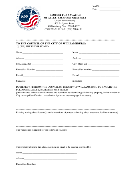 Request for Vacation of Alley, Easement or Street, City of Williamsburg form, first page