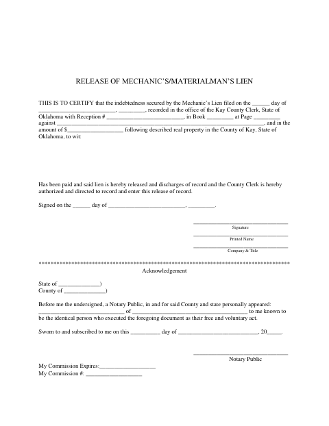 Release of Mechanic’s/Materialman’s Lien, Kay County form, first page