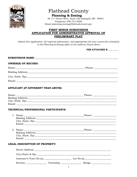 First page of the First Minor Subdivision Application for Administrative Approval of Preliminary Plat
