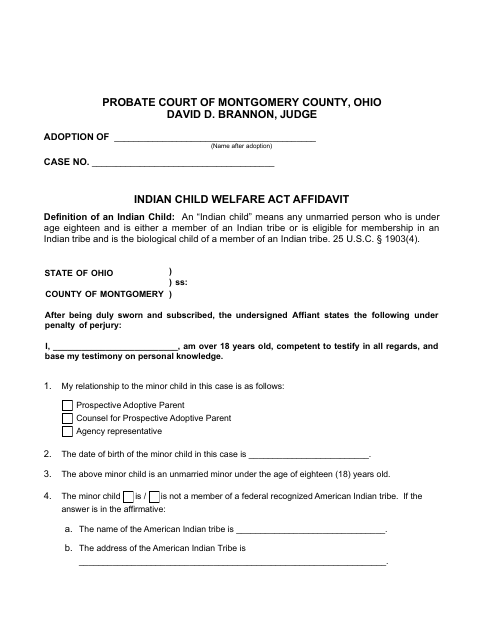 Indian Child Welfare Act Affidavit, Montgomery County form, first page