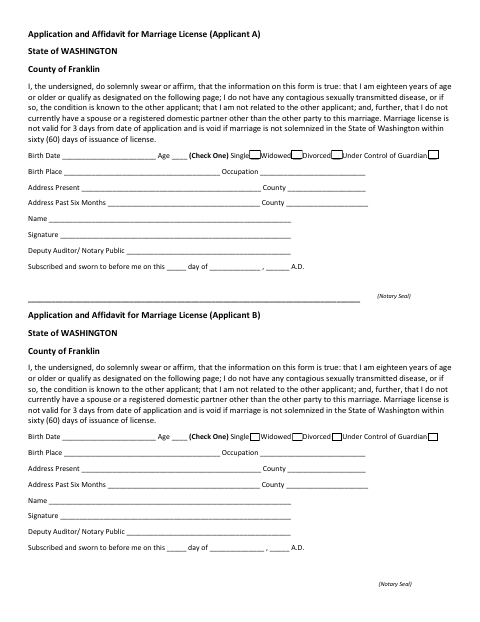 Application and Affidavit for Marriage License, Franklin County form, first page